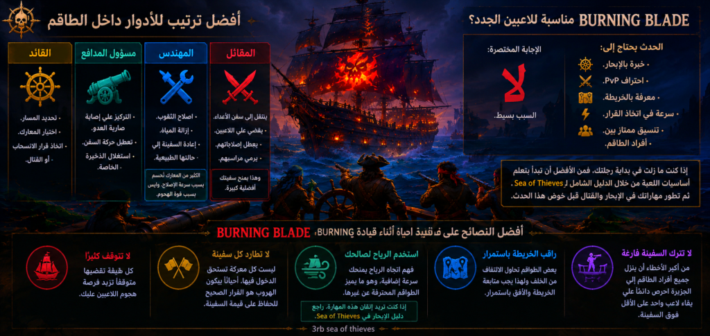 أفضل توزيع لأدوار الطاقم في Burning Blade داخل Sea of Thieves مع أهم نصائح البقاء والسيطرة على السفينة.