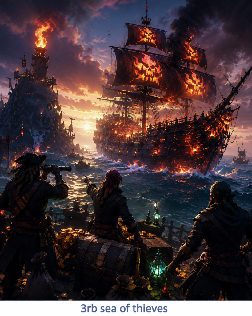 سفينة Burning Blade خلال حدث World Event في Sea of Thieves أثناء محاولة الاستيلاء عليها وخوض معركة بحرية.