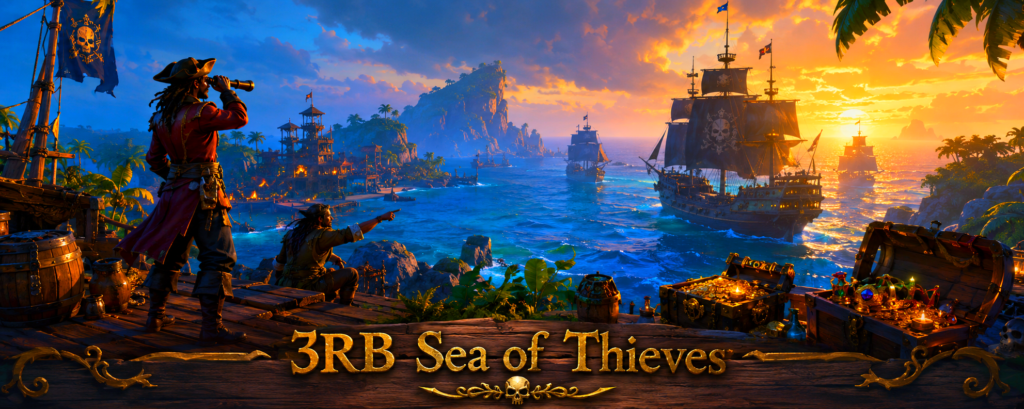 صورة توضيحية لدليل المبتدئين في لعبة Sea of Thieves تضم سفن القراصنة والكنوز والجزر البحرية.