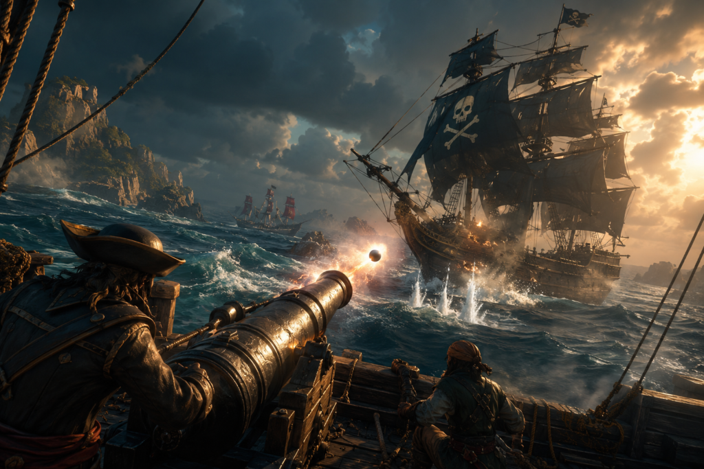 قرصان يصوب مدفع السفينة نحو سفينة معادية في معركة بحرية داخل لعبة Sea of Thieves.