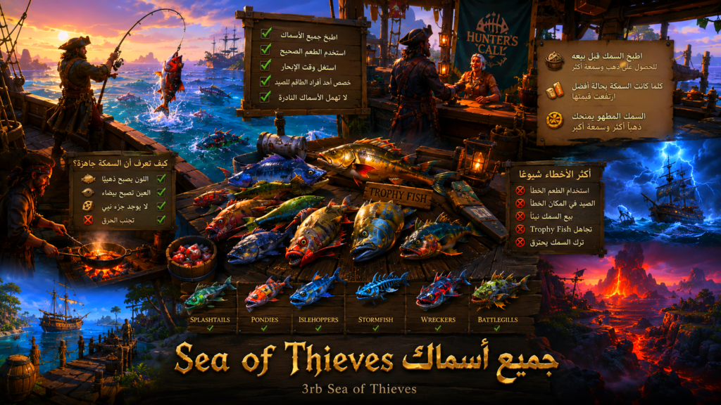 قرصان يطهو ويبيع الأسماك في Sea of Thieves داخل Seapost مع أسماك Trophy Fish وأجواء Hunter's Call، يوضح أفضل طرق الطهي والبيع لزيادة الذهب والسمعة.