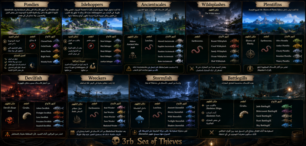 أماكن صيد جميع أسماك Sea of Thieves والطعم المناسب لكل نوع مثل Stormfish وDevilfish وBattlegills.
