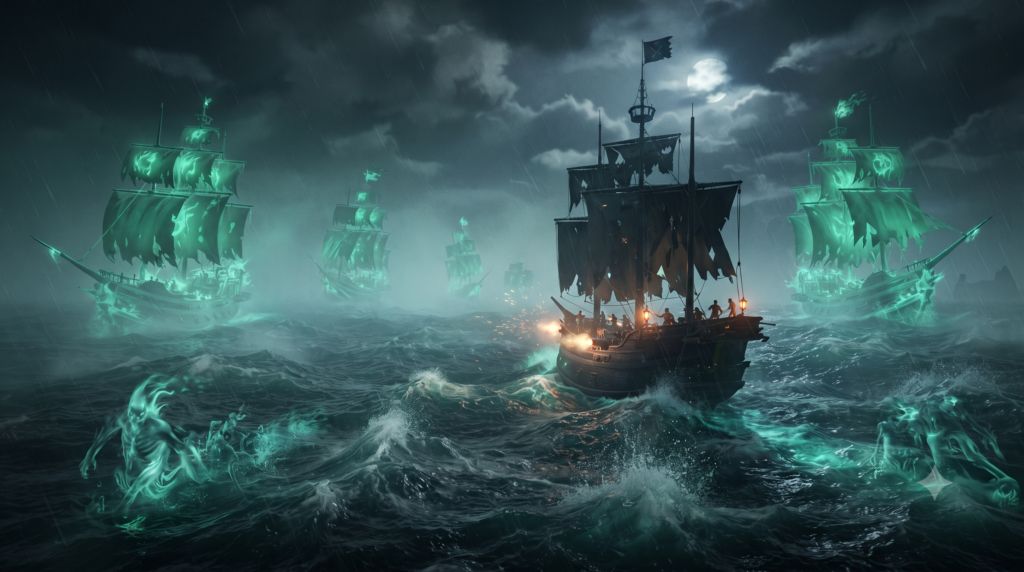 معركة بحرية ملحمية بين سفينة قرصان وسفن الأشباح المتوهجة في Sea of Thieves
