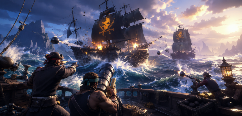 معركة بحرية بين سفن القراصنة توضح استراتيجيات القتال البحري في Sea of Thieves