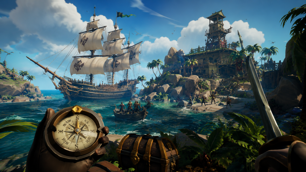 سفينة القراصنة في لعبة Sea of Thieves أثناء استكشاف العالم المفتوح