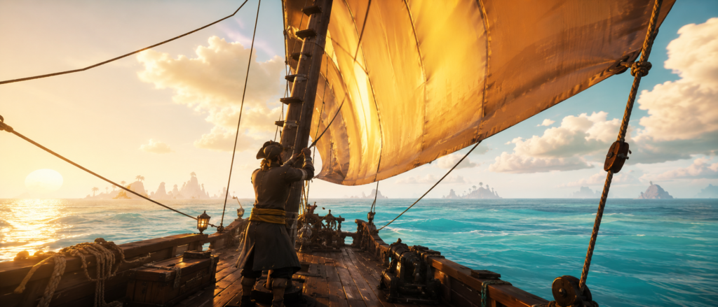 قرصان يضبط أشرعة السفينة في Sea of Thieves وقت الغروب