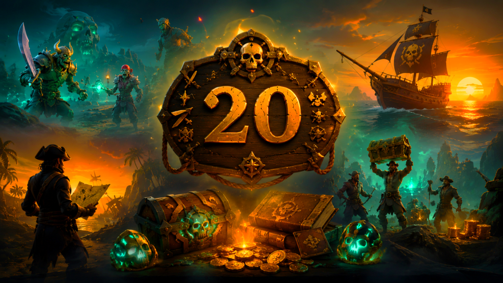 Sea of Thieves Season 20 Achievements Guide featuring pirate ships, treasure, skeleton enemies, and seasonal rewards.