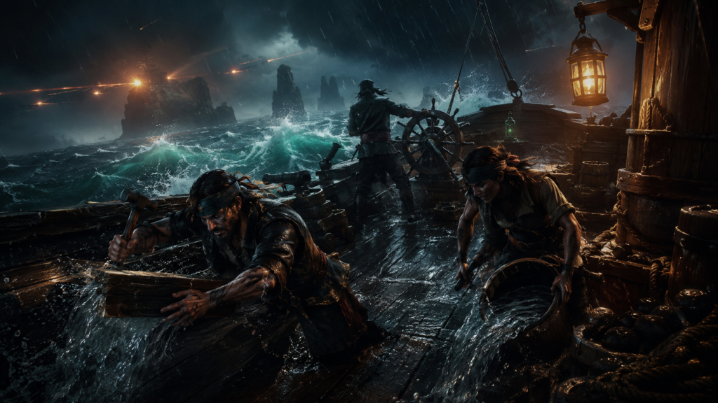 قطة سينمائية واقعية لطاقم سفينة Sea of Thieves ينجو من الغرق في عاصفة