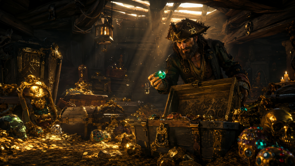 قرصان يتفحص كنوز وذهب داخل سفينة في لعبة Sea of Thieves