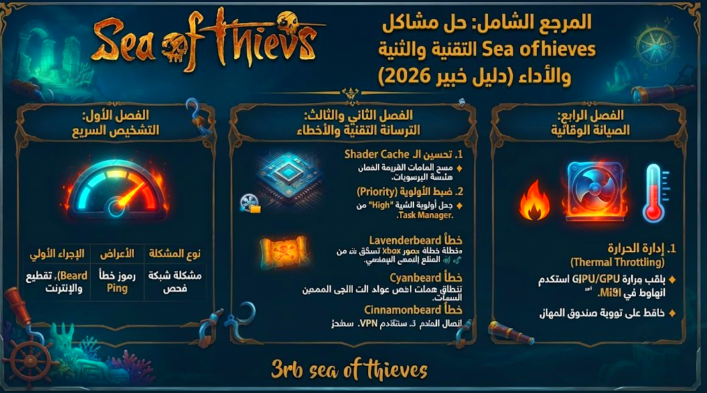 دليل تقني شامل لحل جميع مشاكل وأخطاء لعبة Sea of Thieves لعام 2026.