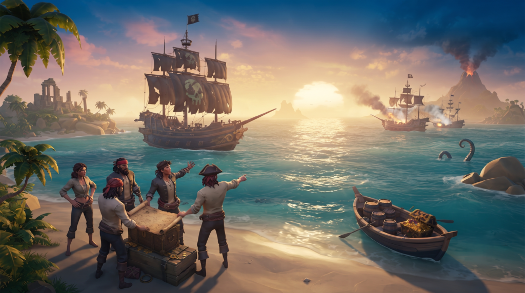 قراصنة يستكشفون عالم لعبة Sea of Thieves المفتوح في مغامرة بحرية على الشاطئ